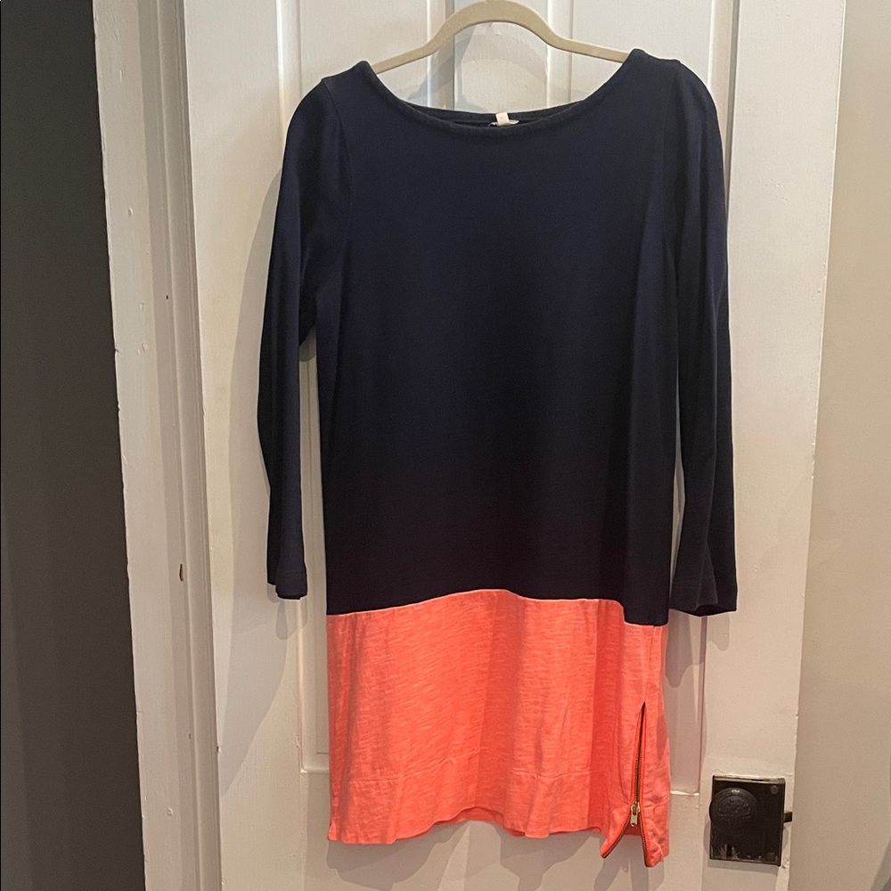 J. Crew Navy and Coral Colorblock Long Sleeve Dress Sz M